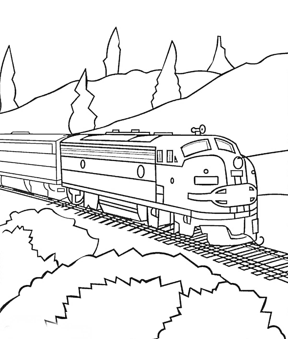 Раскраска Поезд на железной дороге среди холмов и деревьев