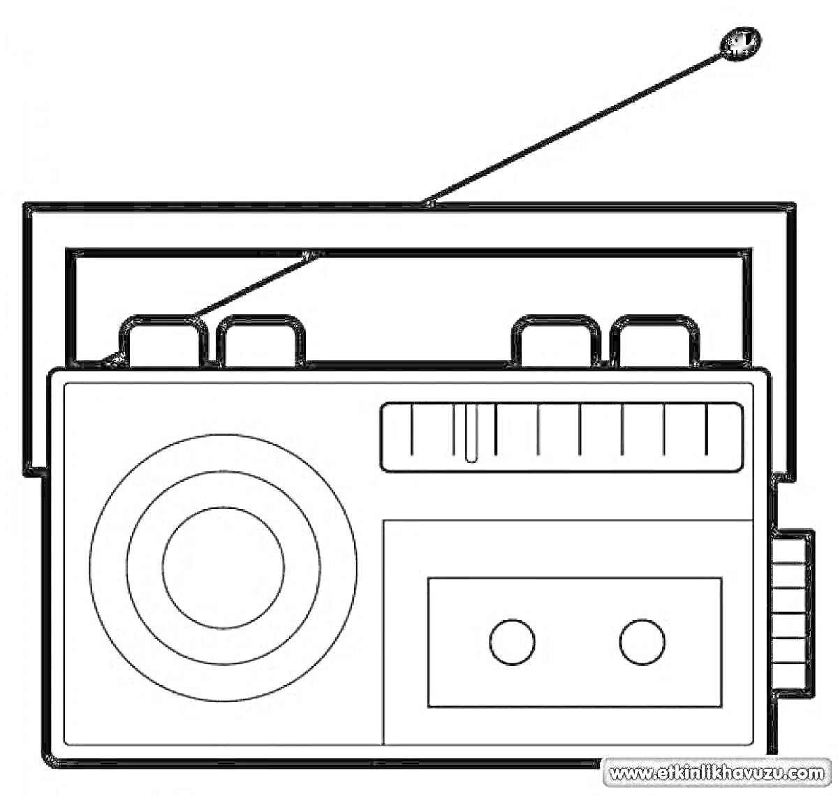 На раскраске изображено: Радио, Кассета, Кнопки, Шкала, Ретро, Техника