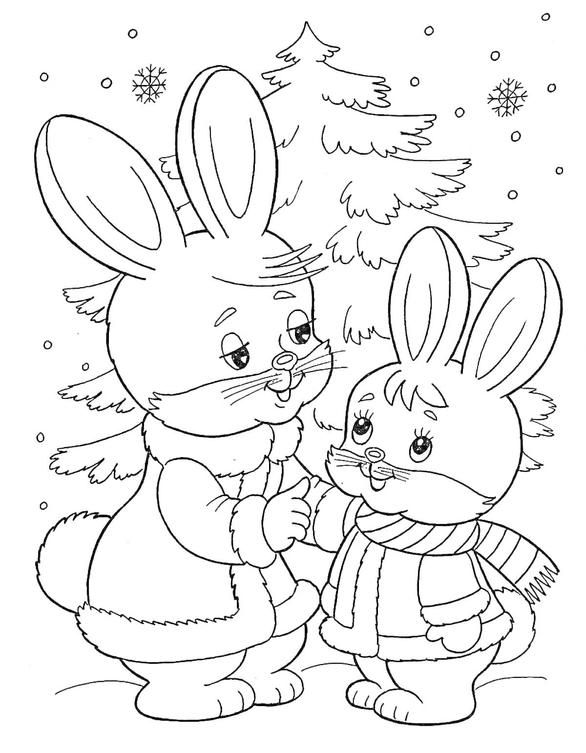 Два зайчика в зимнем лесу с елкой и снежинками