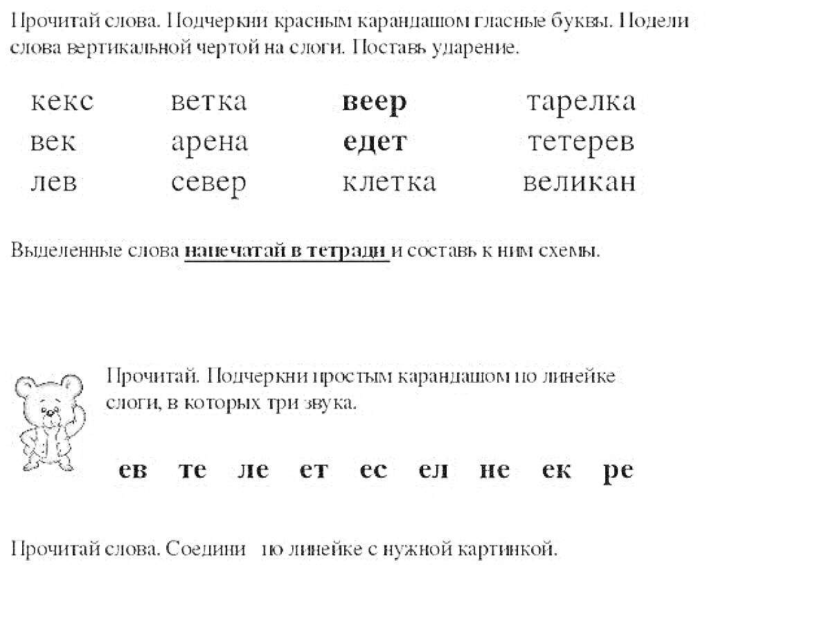 На раскраске изображено: Слова, Гласные, Учеба, Медведь, Мягкие согласные