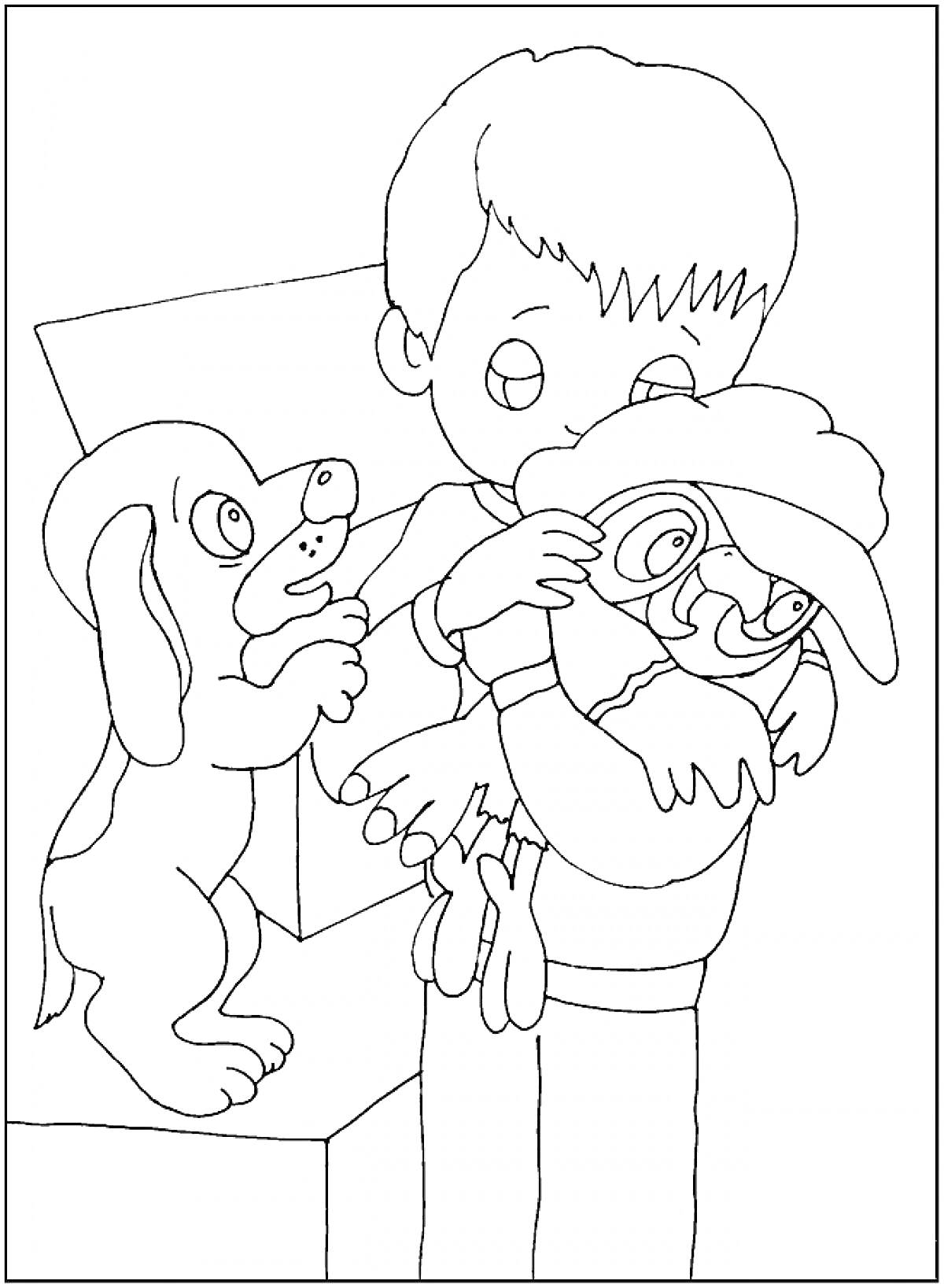 Раскраска Мальчик обнимает попугая Кешу, рядом стоит испуганная собака