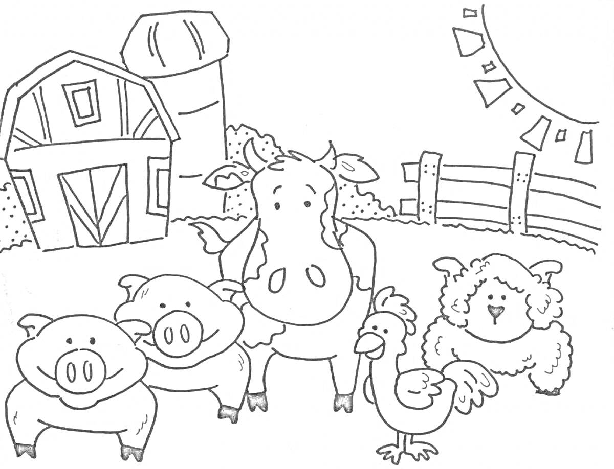 На раскраске изображено: Скотный двор, Сарай, Корова, Свиньи, Петух, Солнце, Забор, Сельская жизнь