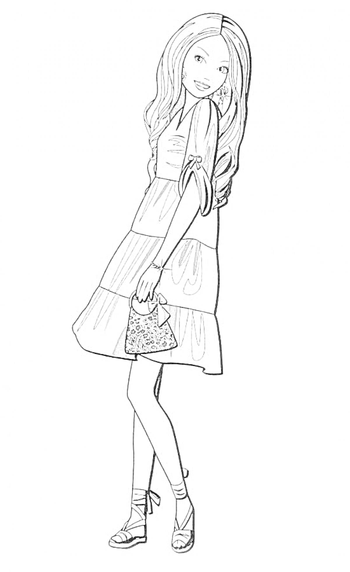 Раскраска Девушка в платье, держащая сумочку