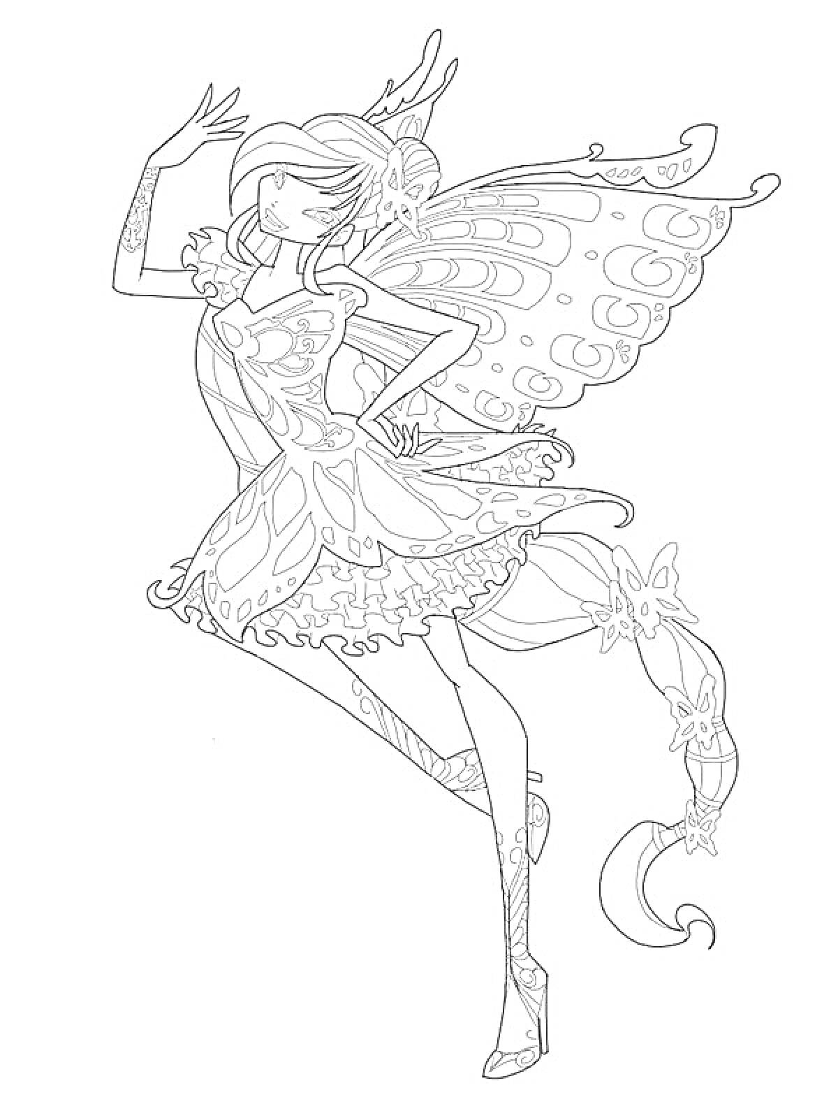 Раскраска Фея в стиле Винкс Баттерфликс с крыльями, платьем и сапогами