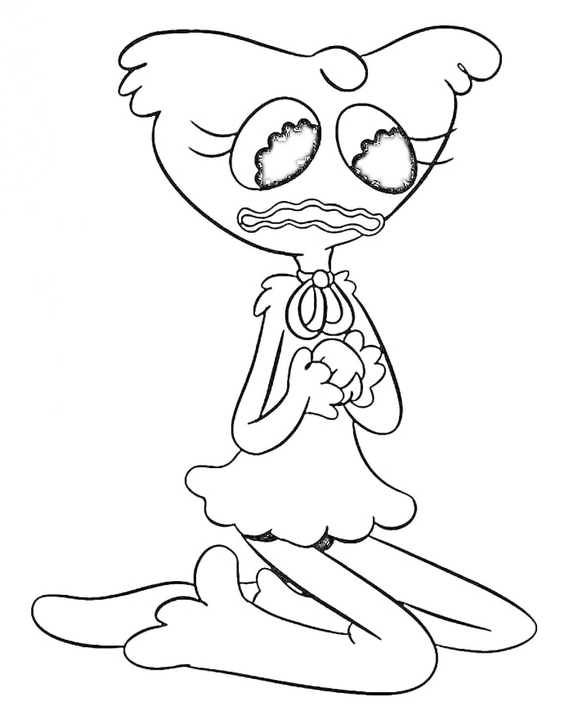 Раскраска Кисси Мисси на коленях с грустным выражением лица, руки сжаты в кулаки перед грудью