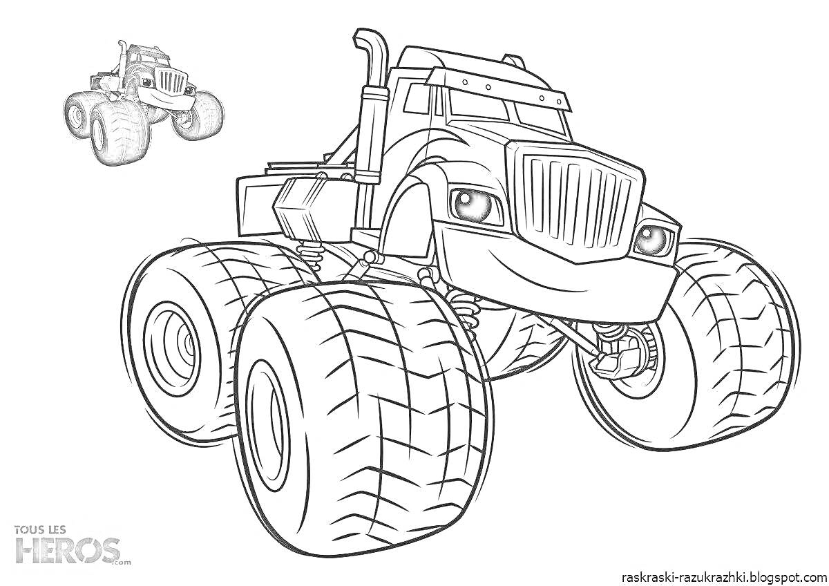 Раскраска Большой грузовик с большими колесами и крушила-монстр