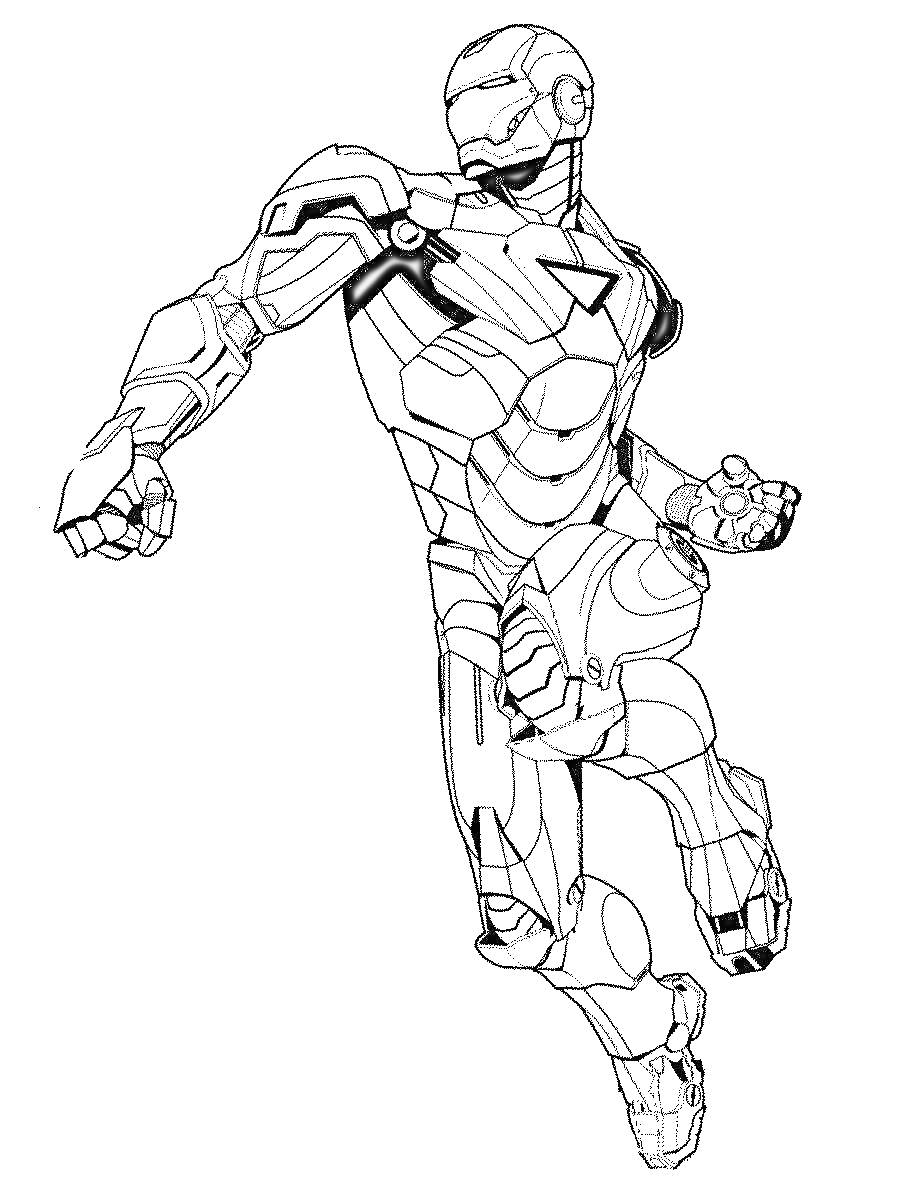 Раскраска Железный человек в динамичной позе с поднятой рукой и сжатыми кулаками