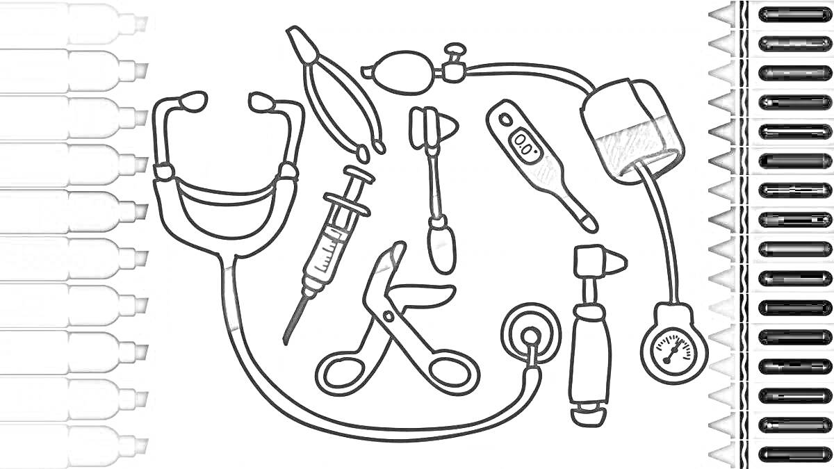 На раскраске изображено: Доктора, Стетоскоп, Шприц, Ножницы, Термометр, Отоскоп