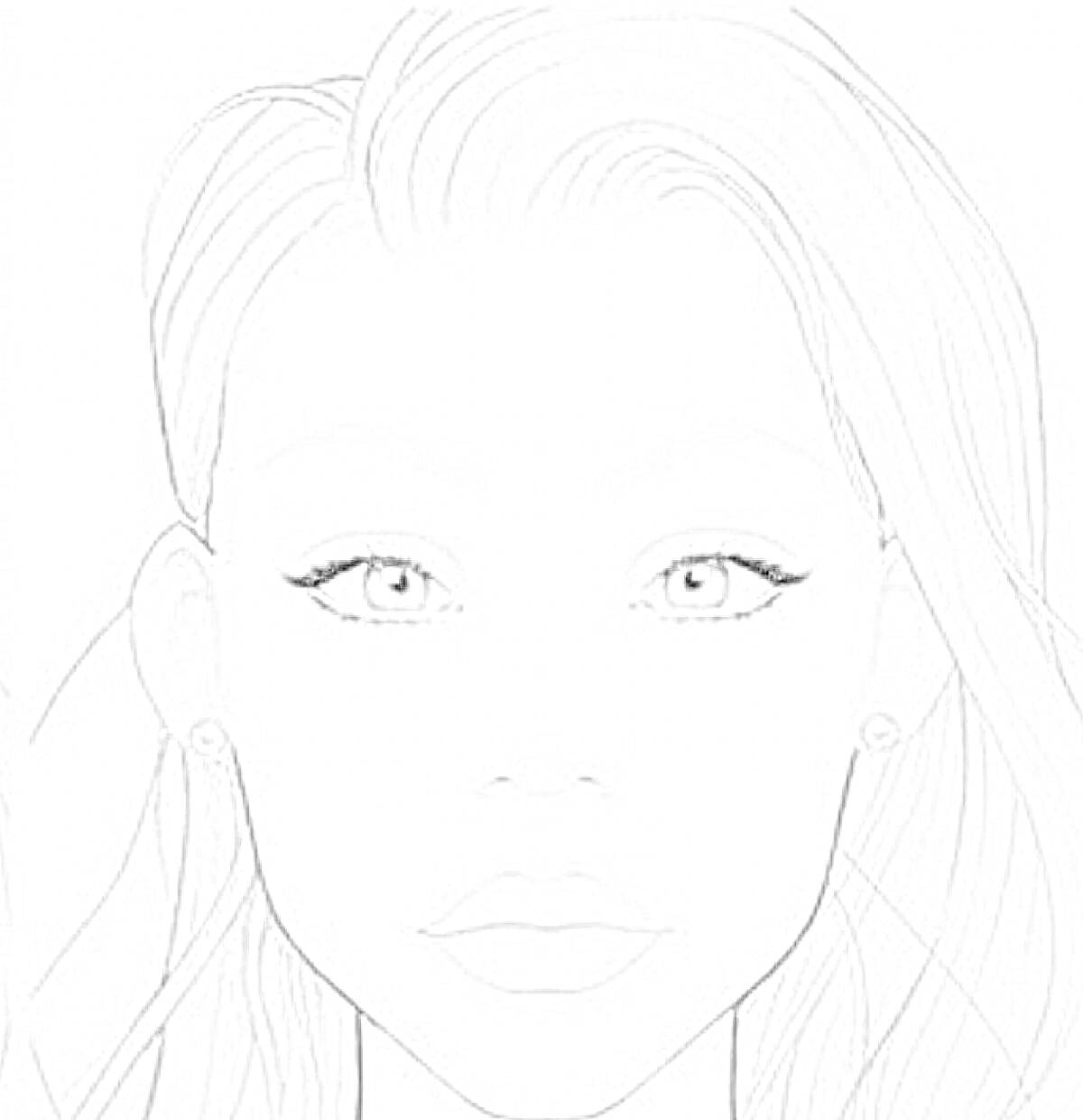 Раскраска Лицо женщины с макияжем и длинными волосами, с серьгами