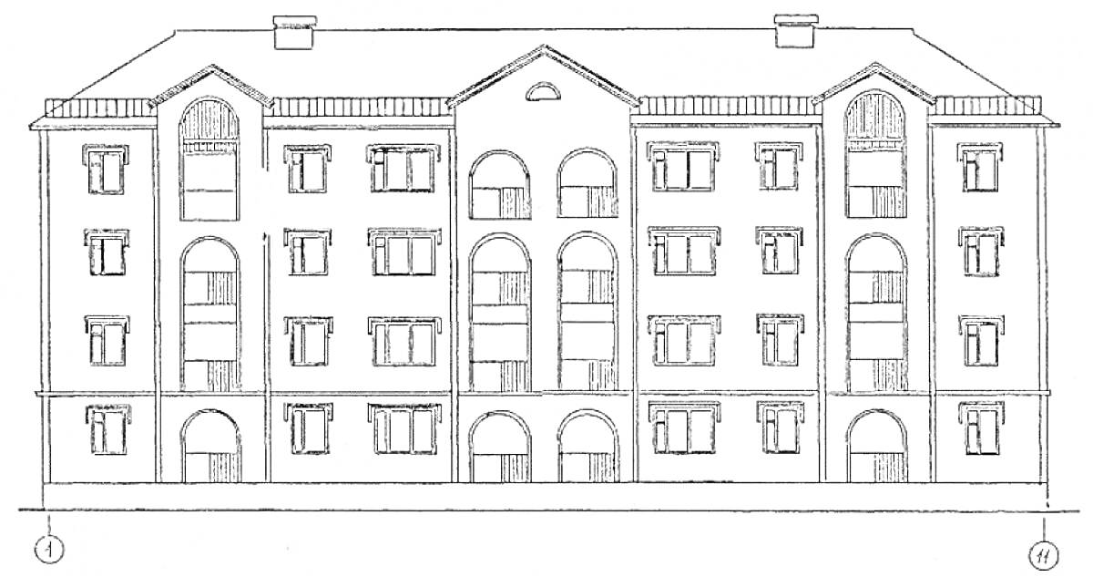 Раскраска Многоэтажный дом с арочными дверями, окнами и тахэтажными крышами.