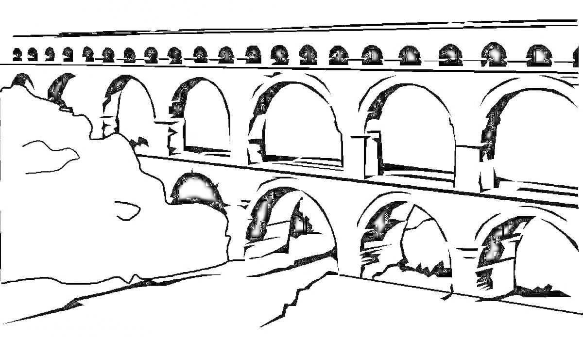 Раскраска Акведук с несколькими ярусами арок среди деревьев