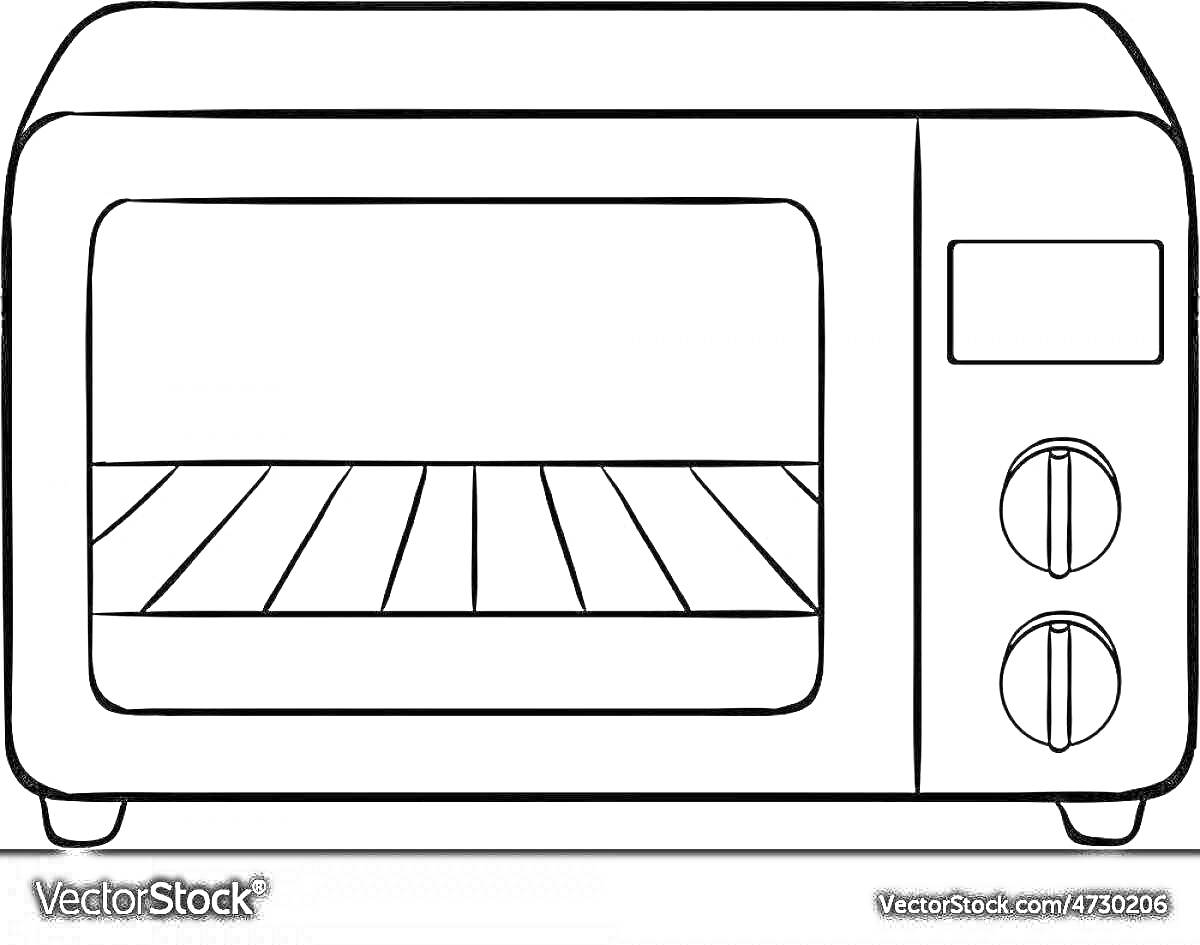 Раскраска Микроволновая печь с решеткой внутри, экраном и двумя переключателями