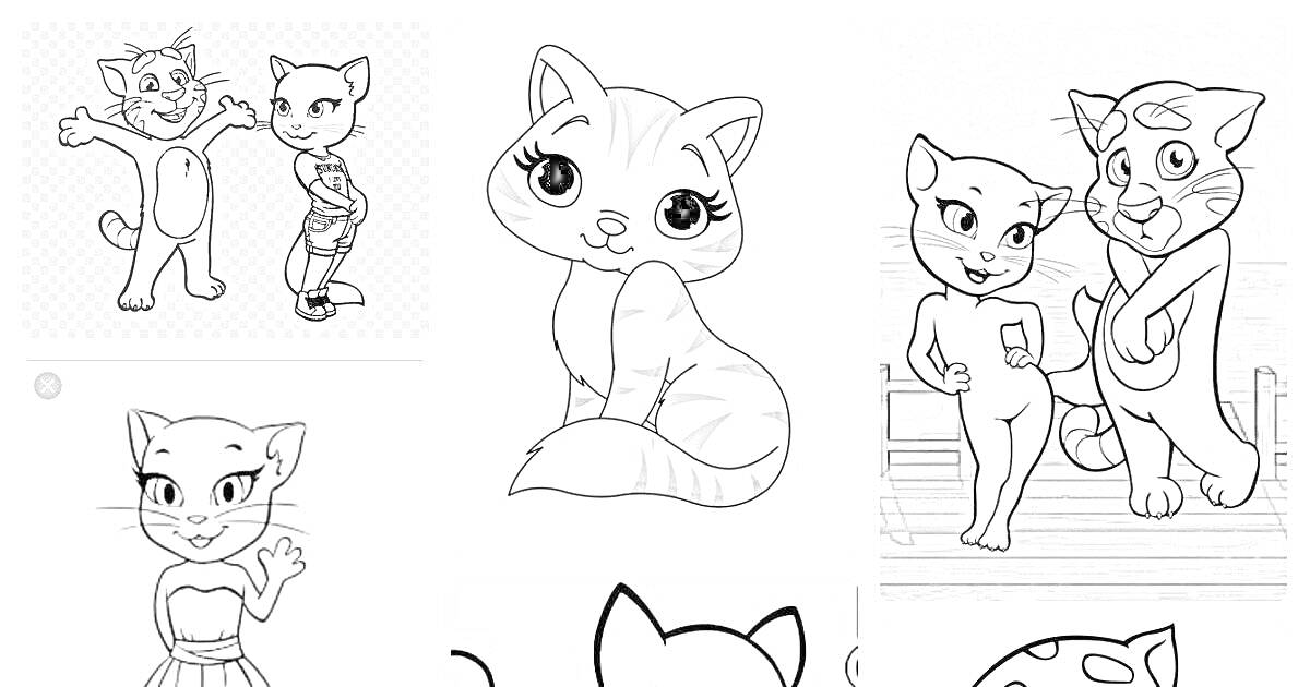 На раскраске изображено: Анжела, Животные, Парочка, Сидящая кошка, Стоящая кошка, Платье