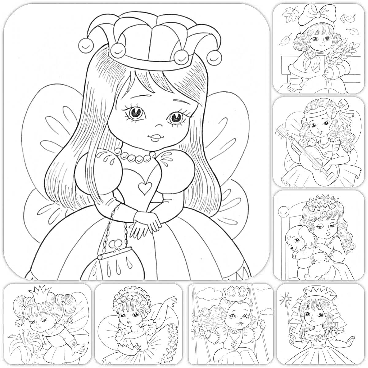 Раскраска Девочки в разных образах, в центре - девочка с крыльями феи, в костюме шута