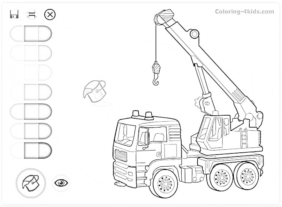 Раскраска Подъемный кран на базе грузовика с выдвижной стрелой и крюком, палитра цветов на выбор.