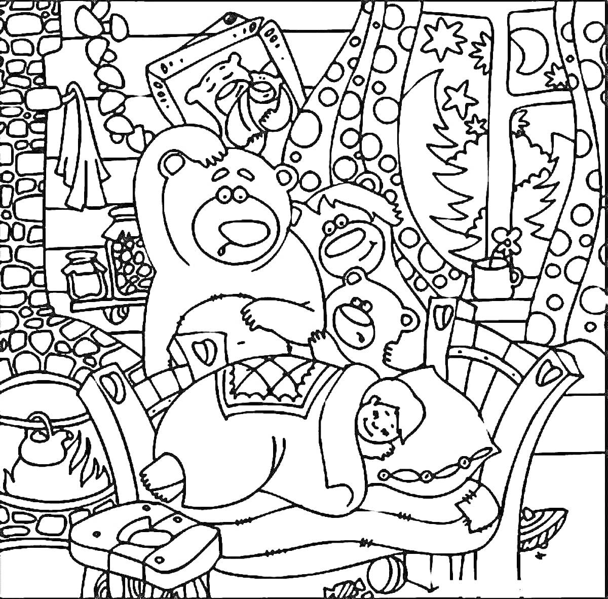 На раскраске изображено: Три медведя, Дом, Девочка, Камин, Окна, Новогодние украшения, Столик, Декор, Кровати