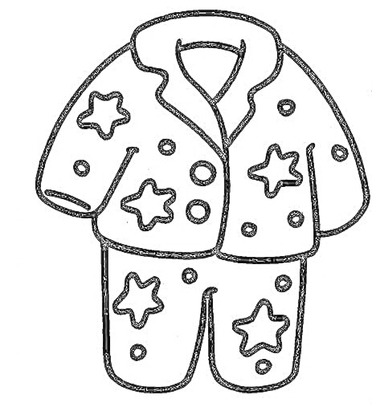 Раскраска Пижама с пуговицами, звездами и точками на куртке и штанах