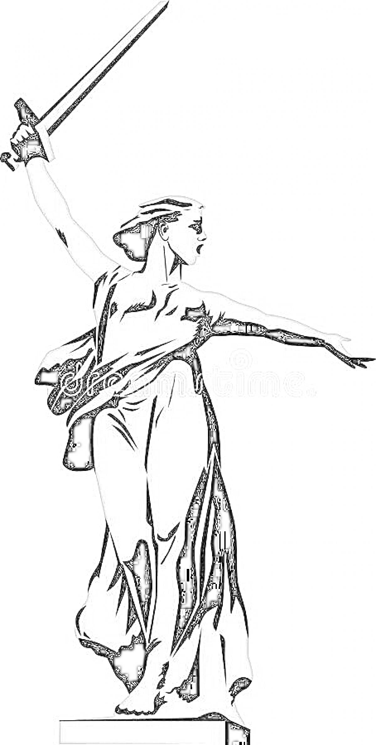Раскраска Родина-мать с мечом в поднятой руке и вытянутой вперед рукой