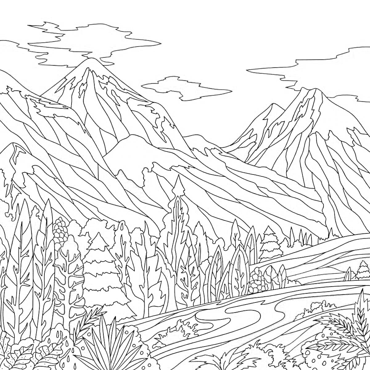 На раскраске изображено: Горы, Лес, Облака, Природа, Пейзаж