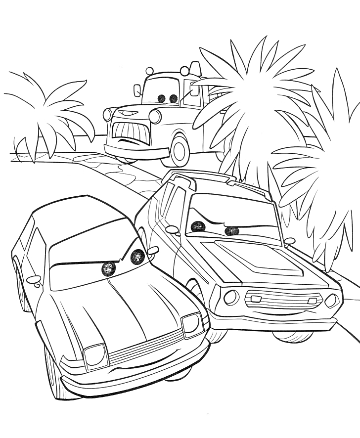 Раскраска Машинки на дороге возле пальм