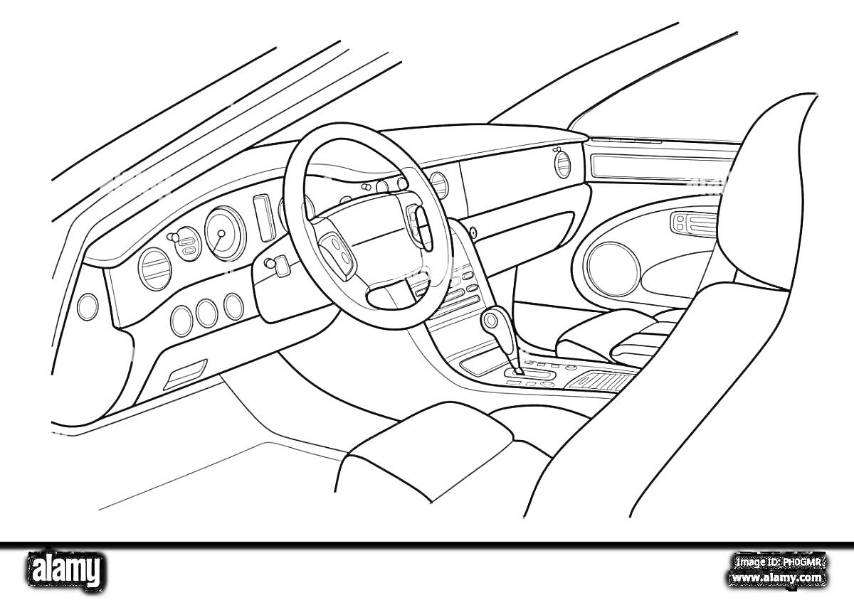 Раскраска Внутренний вид автомобиля с приборной панелью, рулевым колесом и передними сиденьями