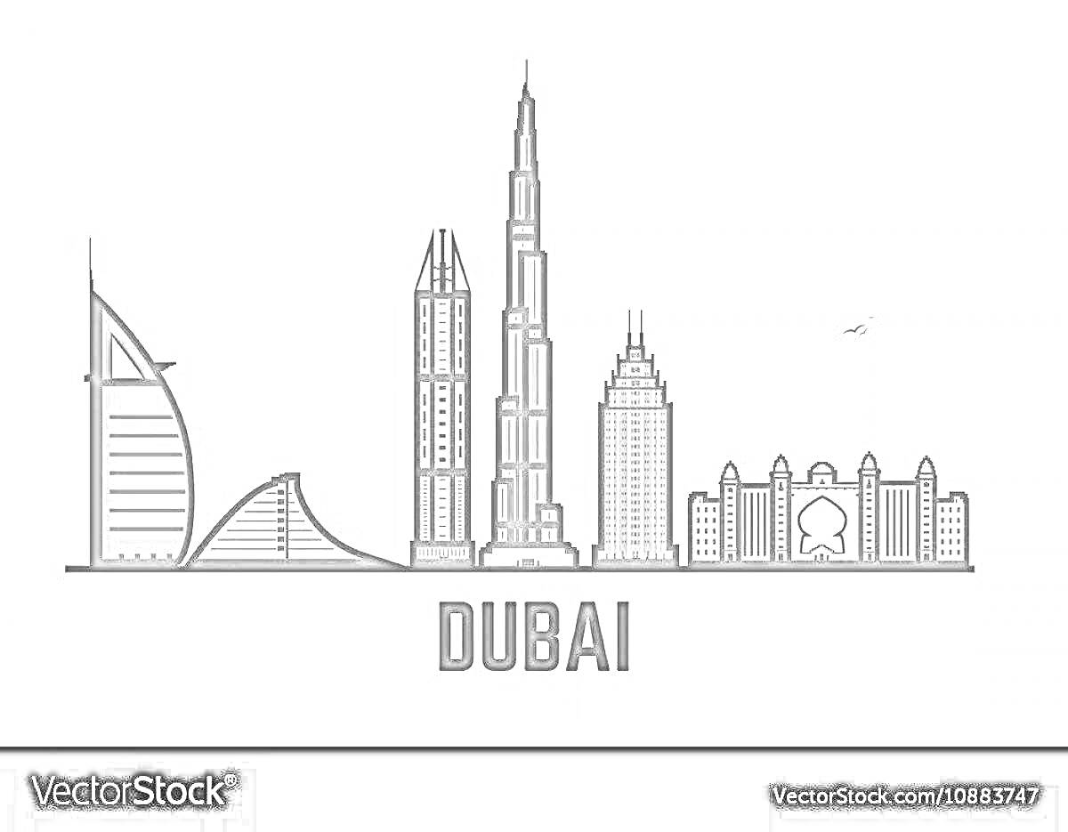 На раскраске изображено: Дубай, Бурдж Халифа, Современные здания, Небоскребы, Архитектура, Птица
