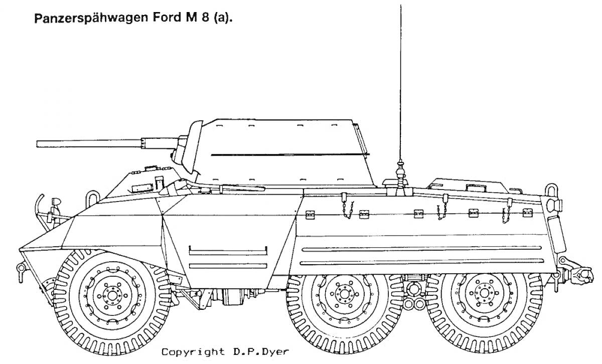 PanzerSpähwagen Ford M 8 с антеннами, колесами, и пушкой