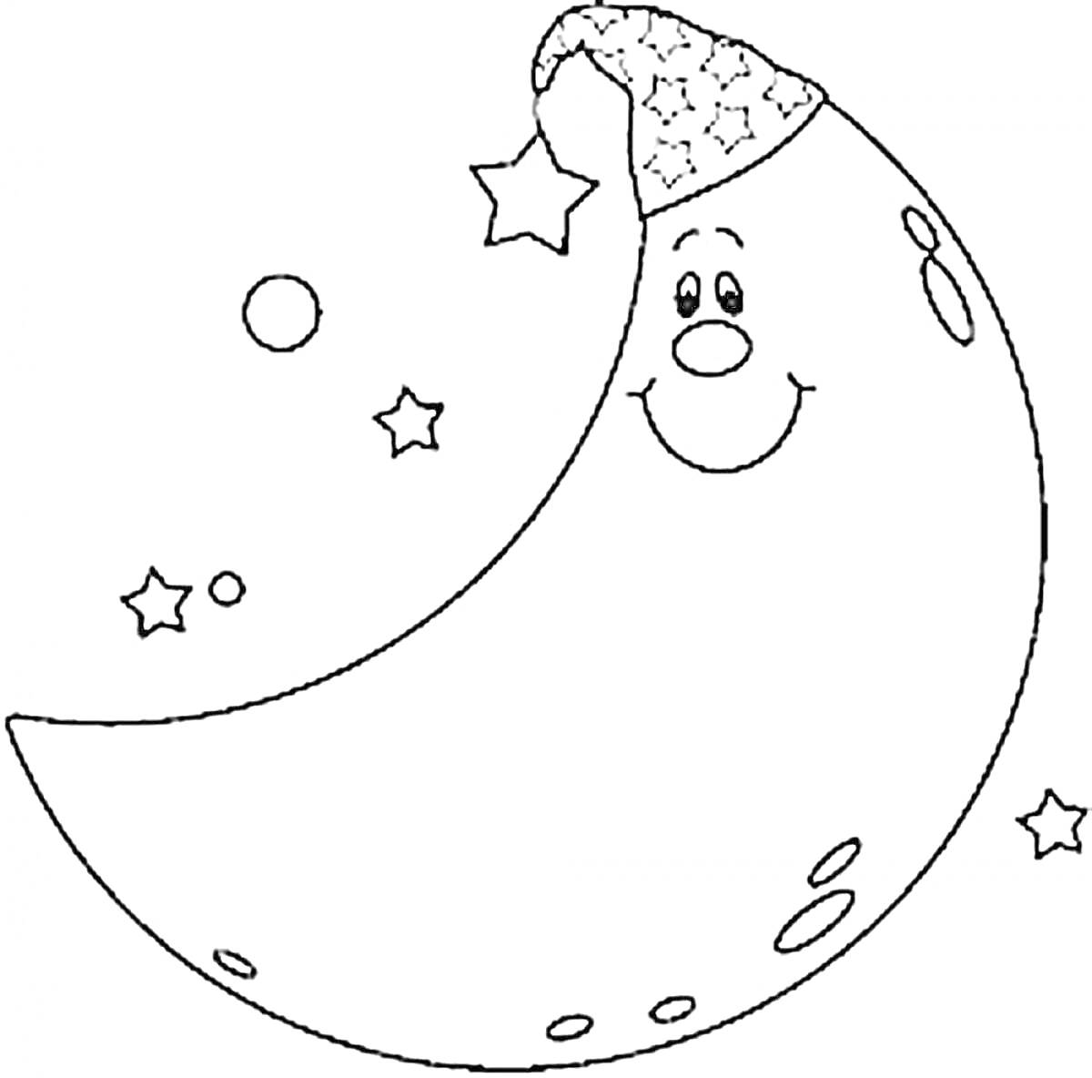 Раскраска Улыбающийся месяц в шапке с звездами и небольшие звезды вокруг
