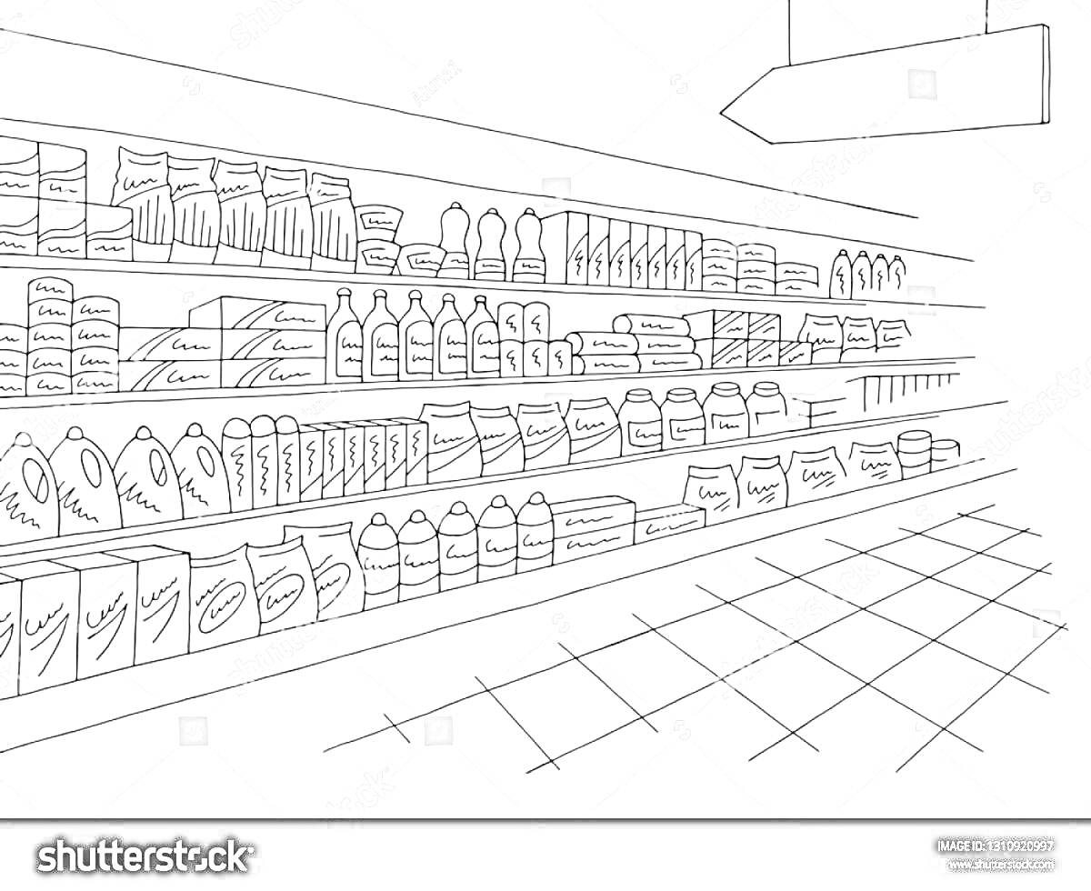 Раскраска Ряд полок с продуктами в супермаркете, расположенные товары включают коробки, бутылки, баночки и пакеты, вид сверху на плиточный пол