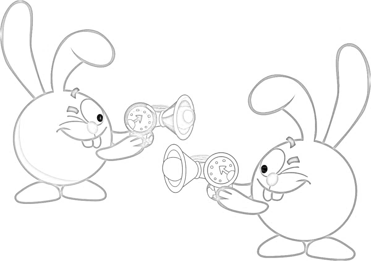 Раскраска Два зайчика с трубами для мыльных пузырей