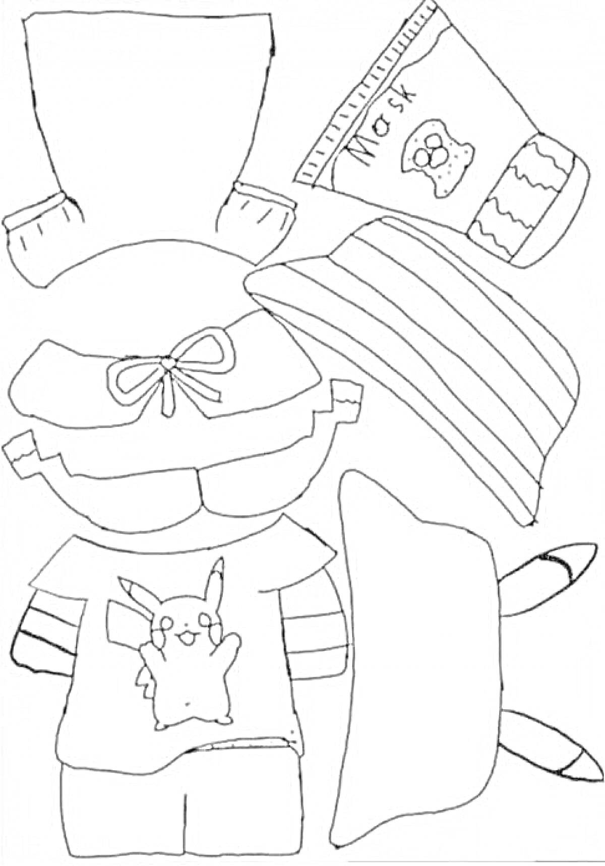 Раскраска Уточка Лалафанфан с одеждой и едой, в комплекте футболка с изображением Пикачу, шорты, кепка с бантом, полосатый шарф, нарукавники, пачка сока, и две конфеты.