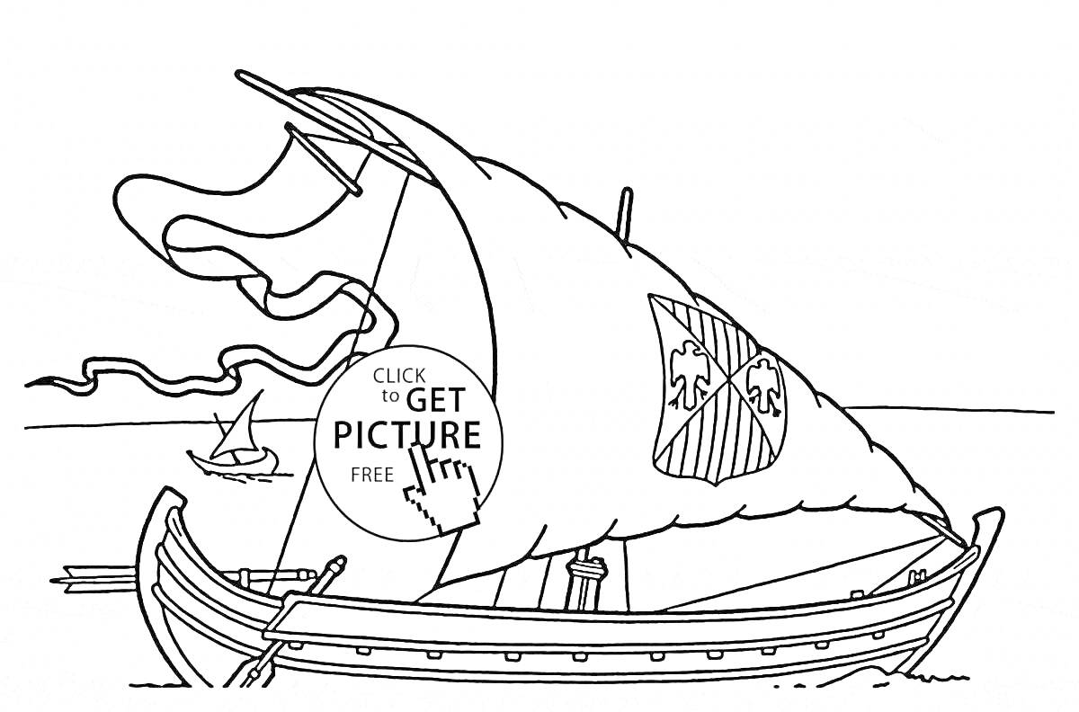 Раскраска Корабль с парусами на море, с символикой на парусе и небольшим судном на заднем плане