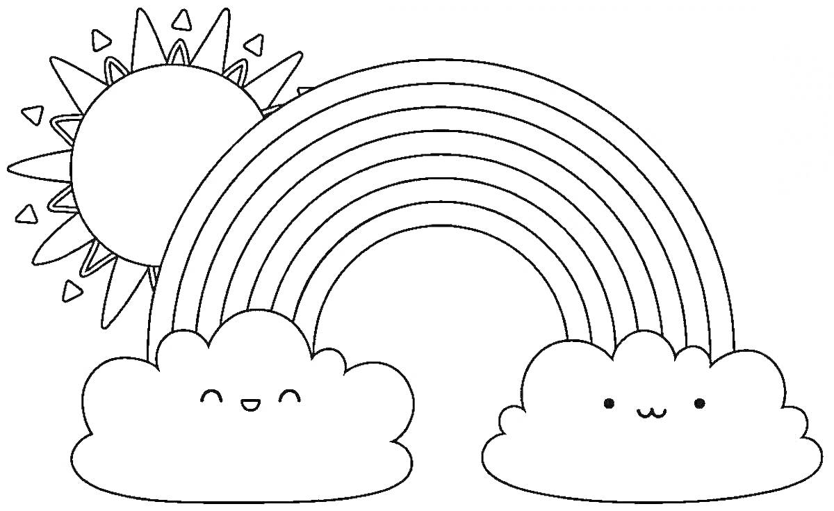 Раскраска Радуга в небе с улыбающимися облаками и солнцем