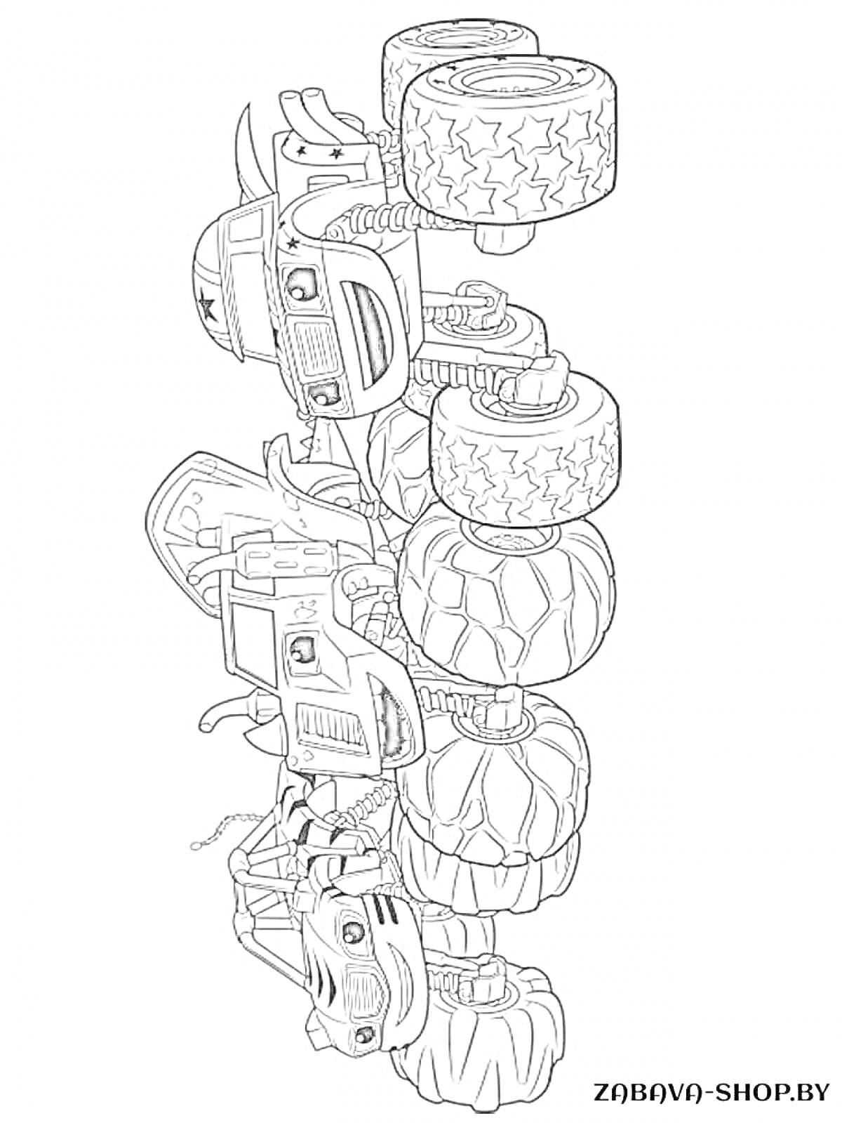 Раскраска Машины-внедорожники с большими колесами, сложенные друг на друга