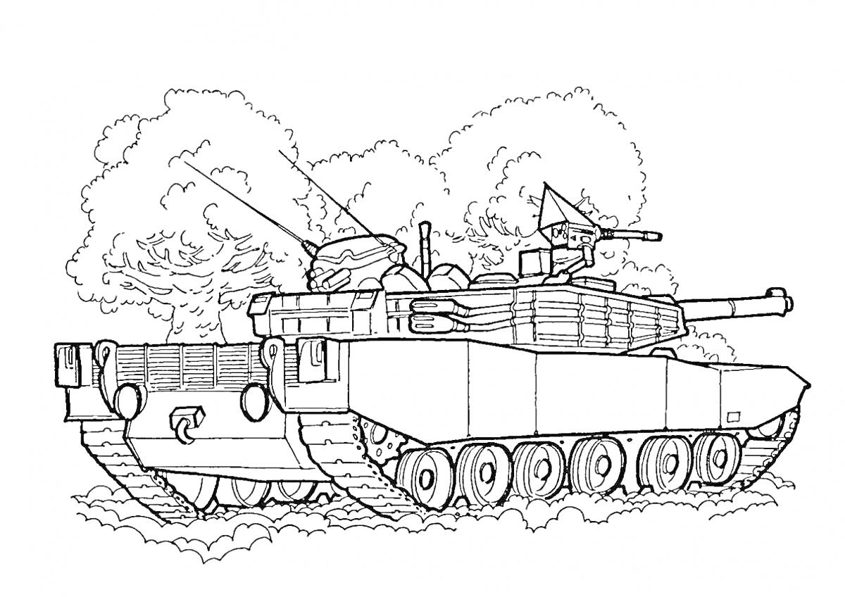 Раскраска Российский танк с пушкой и антенной на фоне деревьев