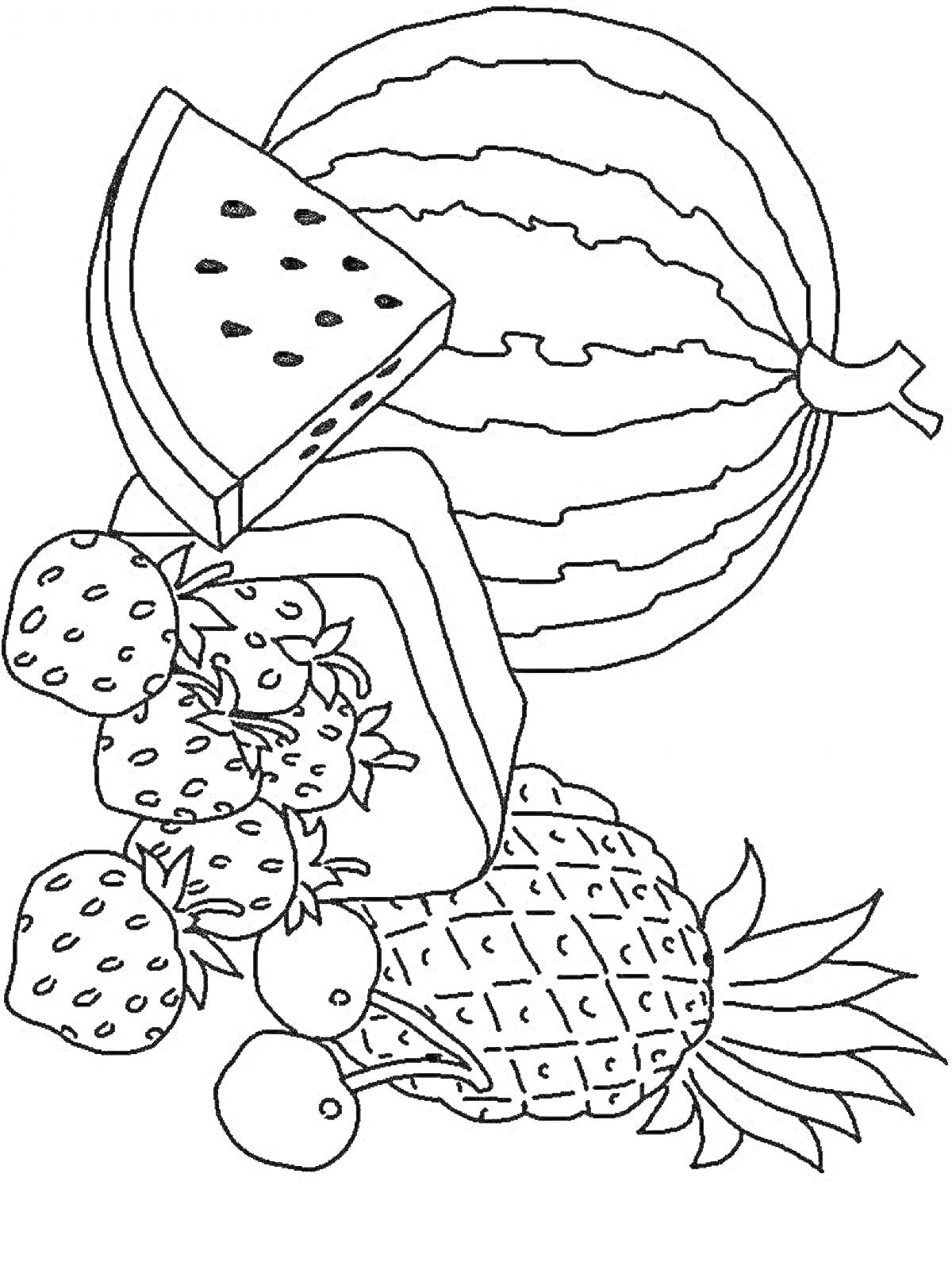На раскраске изображено: Фрукты, Арбуз, Долька арбуза, Земляника, Ананас, Вишня, 6 лет, 7 лет, Для детей, Овощи, Школьники, Разукрашка