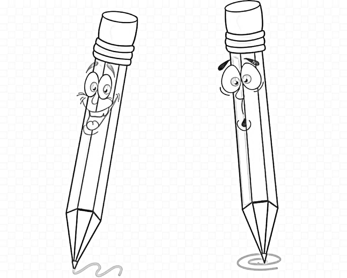 Раскраска Зеленый и красный карандаш с лицами, показывающие эмоции и рисующие линии
