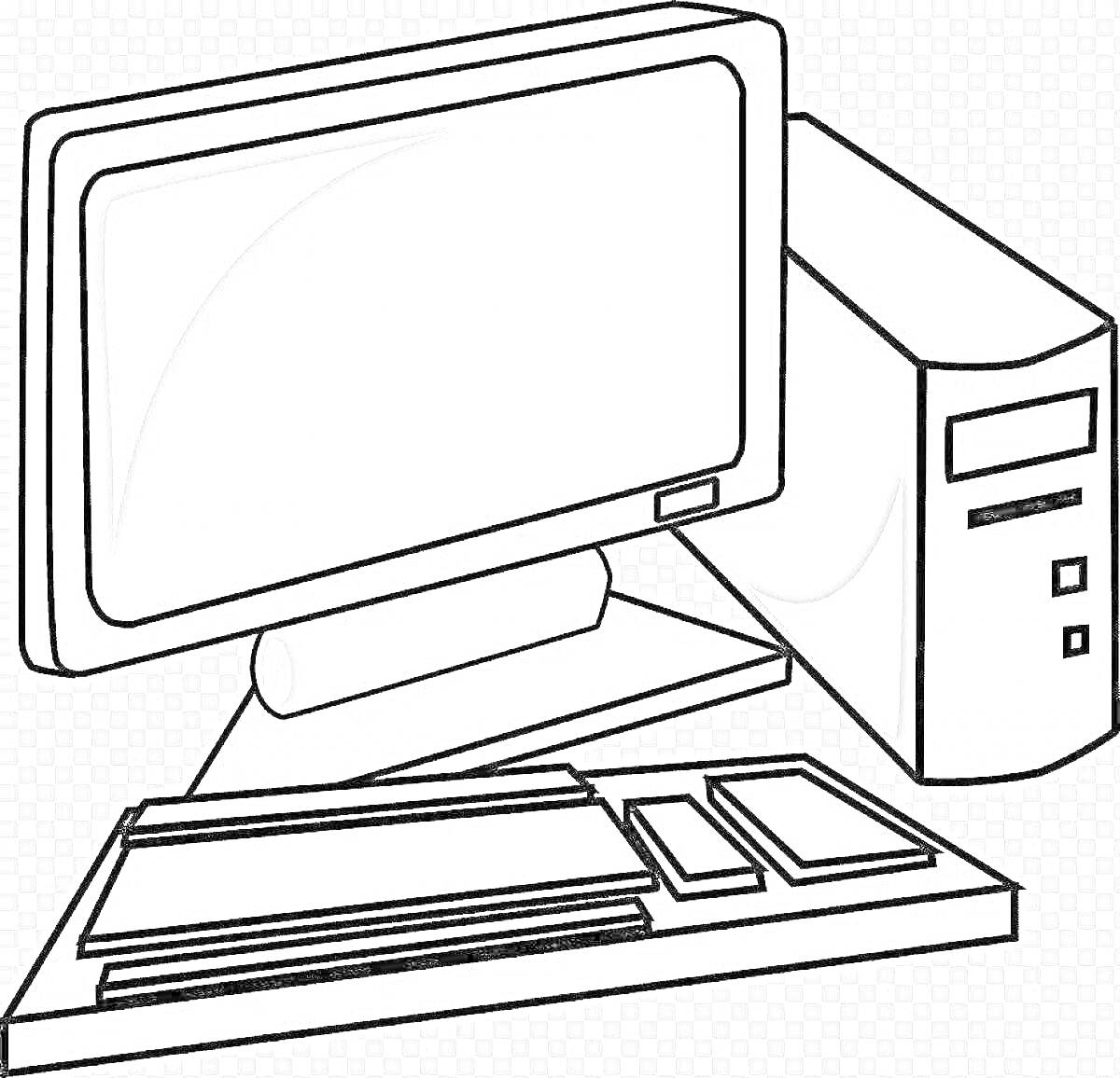 На раскраске изображено: Компьютер, Монитор, Системный блок, Клавиатура, Мышь, Техника, Электроника
