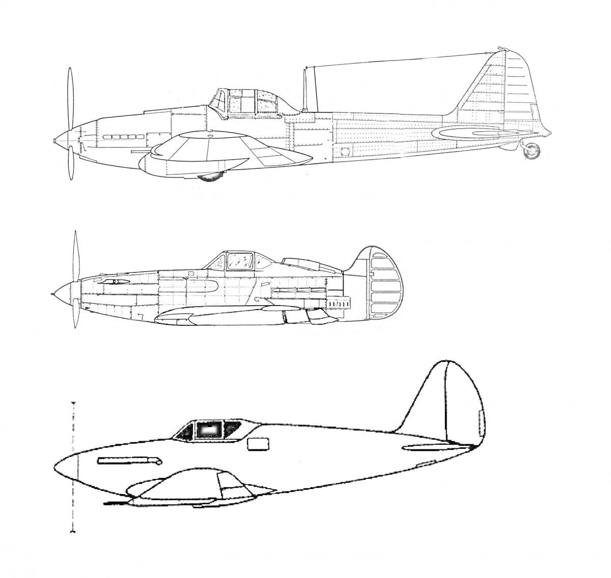 Раскраска Трехпроекционное изображение истребителя МиГ-3, слева на право: вид сбоку (слева), вид сбоку (справа), вид сверху