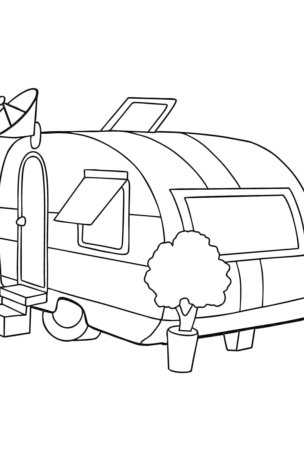 Раскраска Дом на колесах с дверью, окнами, ступеньками, антенной и растением в горшке