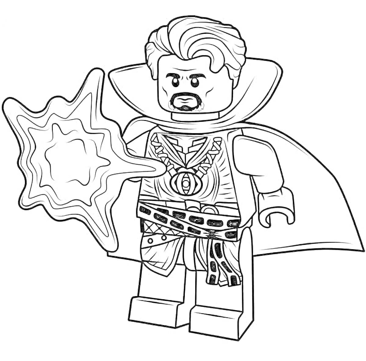 Раскраска Лего фигурка супергероя с плащом и магическим заклинанием в руке