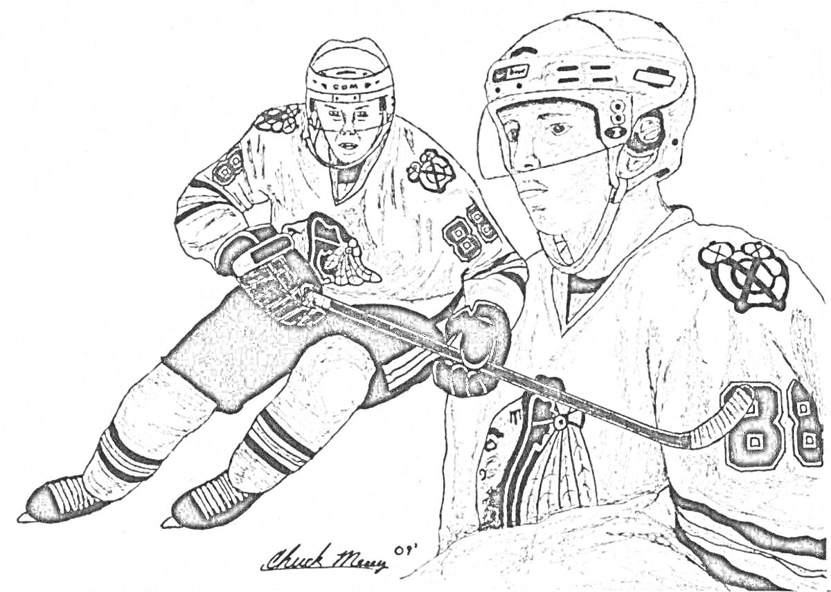 На раскраске изображено: Хоккей, КХЛ, Спорт, Лед, Защитная экипировка, Хоккеисты