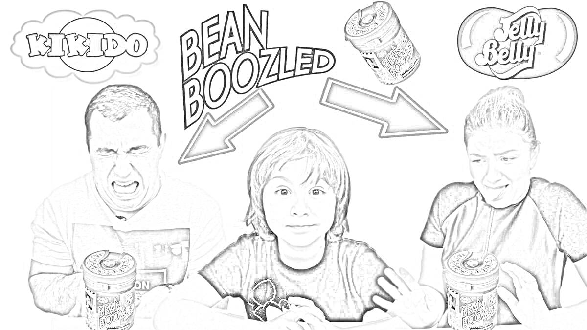 Раскраска Люди пробуют Bean Boozled, леденцы Jelly Belly, логотипы Kikido