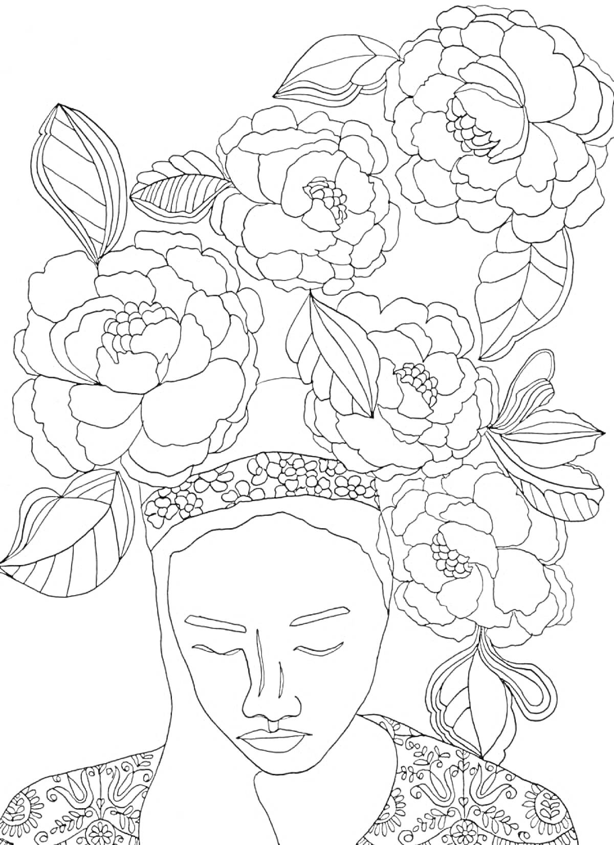Раскраска Голова девушки с закрытыми глазами, украшенная крупными цветами и листьями