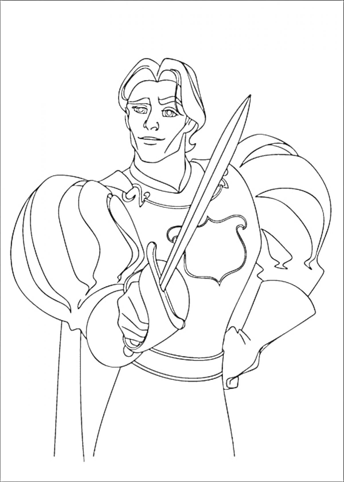 Раскраска Принц со шпагой в костюме с гербом на груди