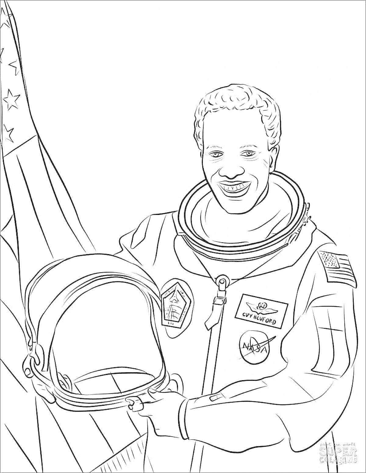 На раскраске изображено: Флаг, Америка, Космос, Астронавт
