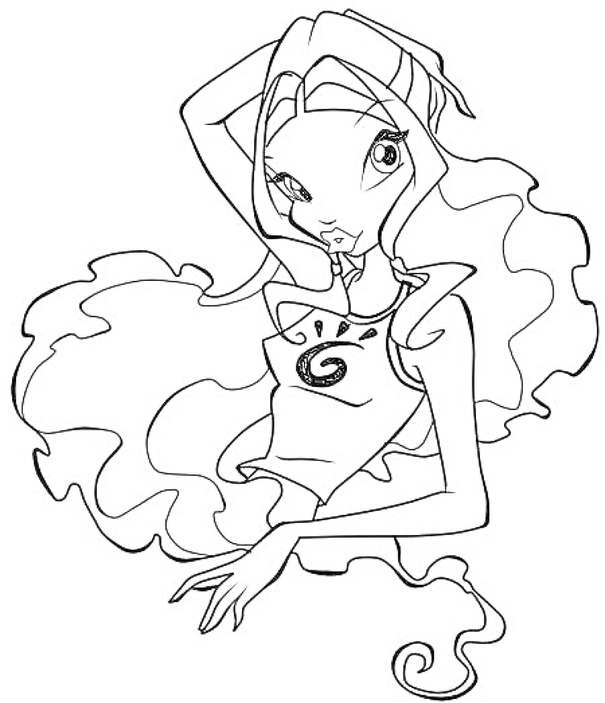 Раскраска Лейла Винкс с длинными волнистыми волосами, в топе с узором, с поднятой рукой