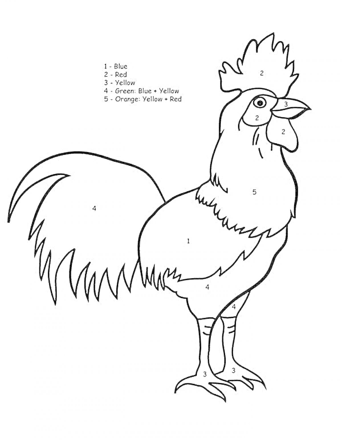 На раскраске изображено: Петух, Гребешок, Хвост, Крылья, Клюв, Лапы