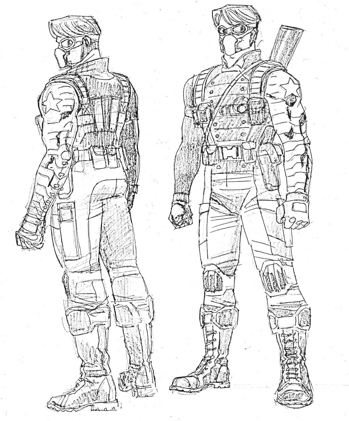 Раскраска Военный солдат с маской и бронежилетом, вид спереди и сзади