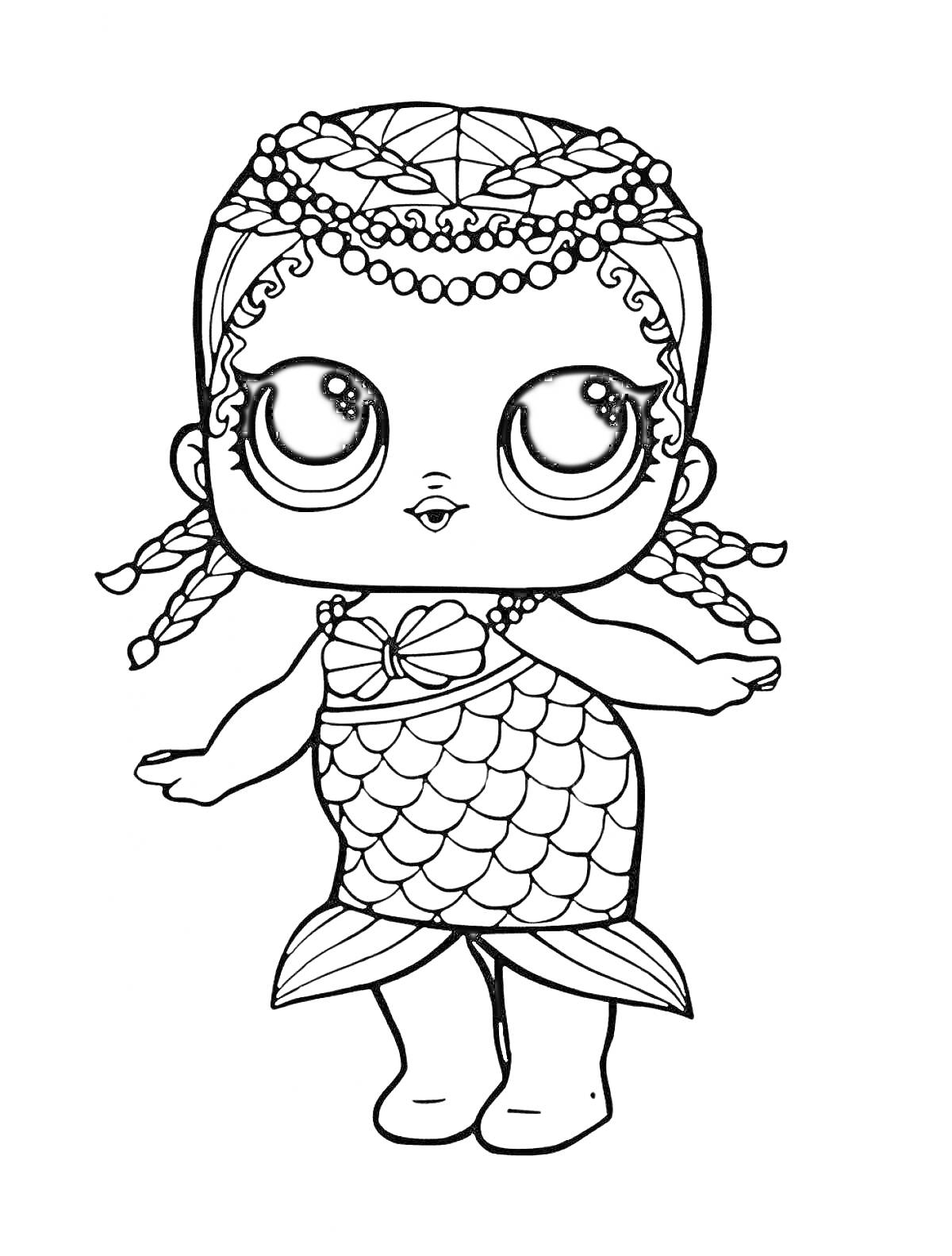 Раскраска Кукла в образе русалки с большими глазами, ожерельем из ракушек и рыбьим хвостом.